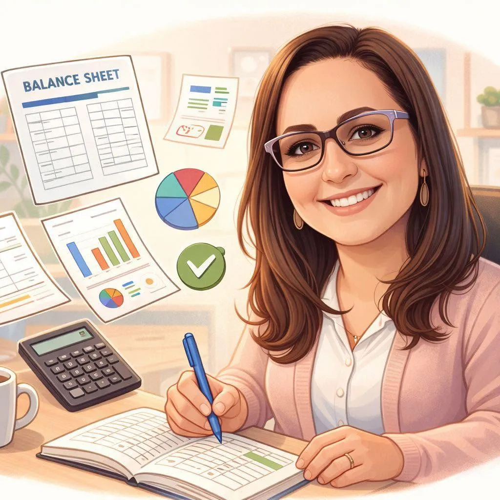 Illustrated portrait of Agnètha Olivier, founder of Friendly Figures, working at her desk